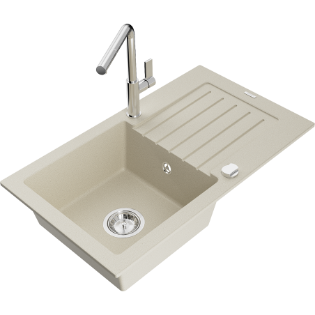 Mexen Pablo 1-bowl granite kitchen sink with draining board and Flora kitchen tap, beige - 6510-69-670401-00