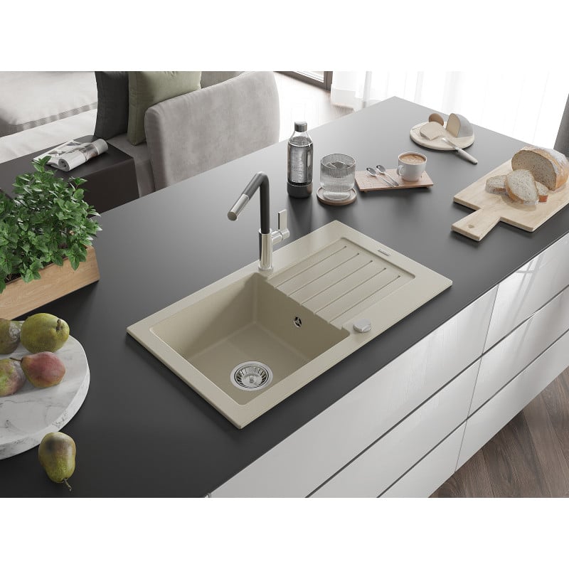 Mexen Pablo 1-bowl granite sink with drainer and Flora kitchen tap, beige - 6510-69-670401-07