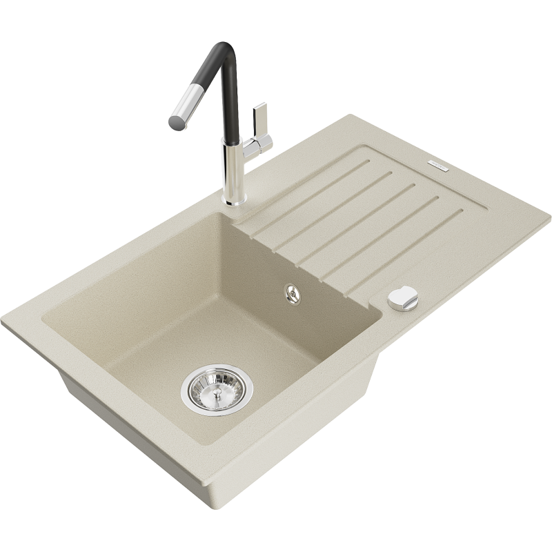 Mexen Pablo Granitspüle 1-Becken mit Abtropffläche und Küchenarmatur Flora, beige - 6510-69-670401-07