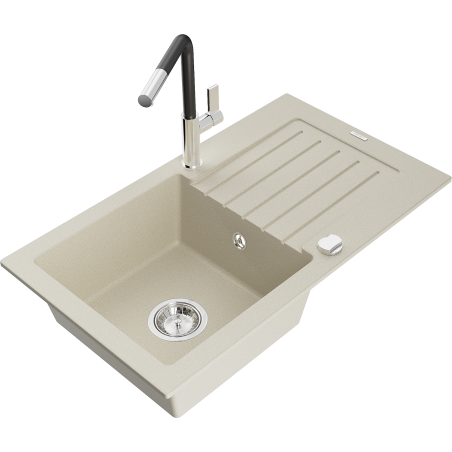 Mexen Pablo 1-bowl granite sink with drainer and Flora kitchen tap, beige - 6510-69-670401-07