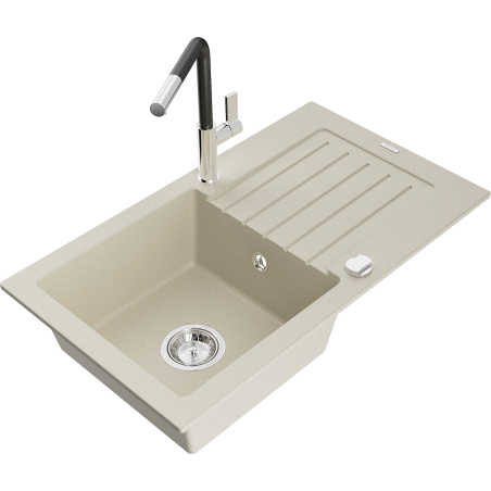 Mexen Pablo granite kitchen sink 1-bowl with drainer and Flora kitchen faucet, beige - 6510-69-670401-07