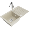 Mexen Pablo Granitspüle mit 1 Becken, Abtropffläche und Küchenarmatur Flora, beige - 6510-69-670401-07