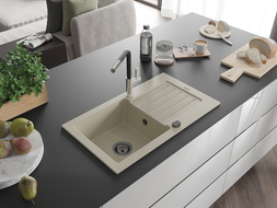 Mexen Pablo granite sink, single bowl with drainer and Flora kitchen tap, beige - 6510-69-670401-07-B