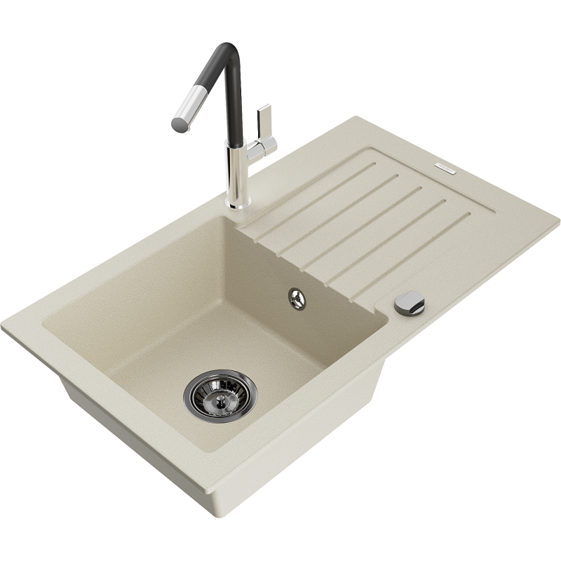 Mexen Pablo granite sink, single bowl with drainer and Flora kitchen tap, beige - 6510-69-670401-07-B