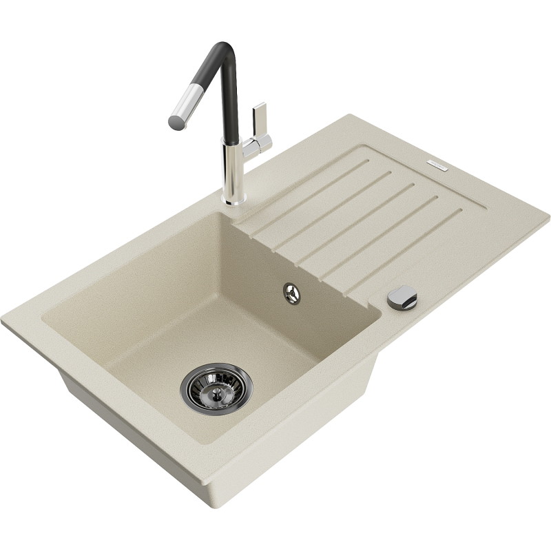 Mexen Pablo granitische spoelbak met 1 bak en afdruiprek en keukenmengkraan Flora, beige - 6510-69-670401-07-B