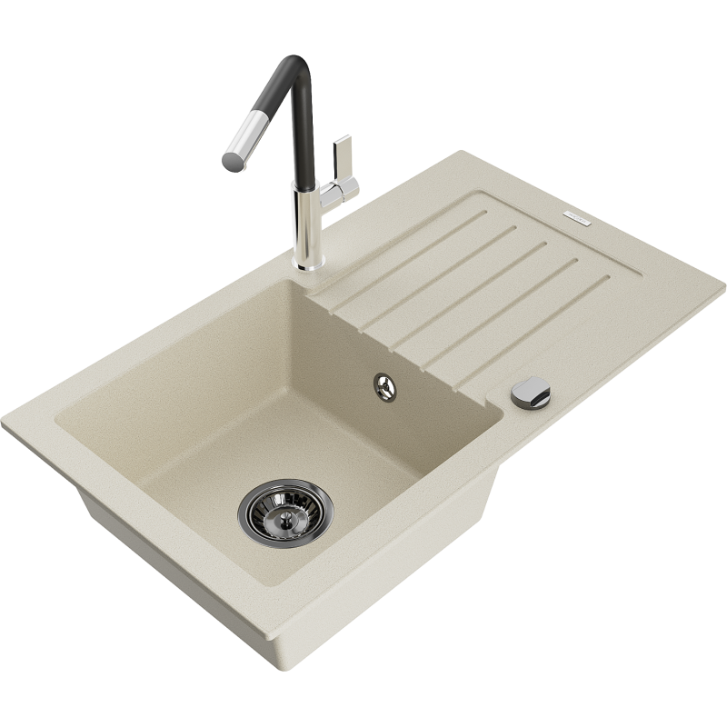 Mexen Pablo lavello in granito 1-vasca con scolapiatti e rubinetto da cucina Flora, beige - 6510-69-670401-07-B