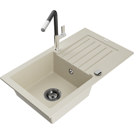 Mexen Pablo fregadero de granito de 1 cubeta con escurridor y grifo de cocina Flora, beige - 6510-69-670401-07-B