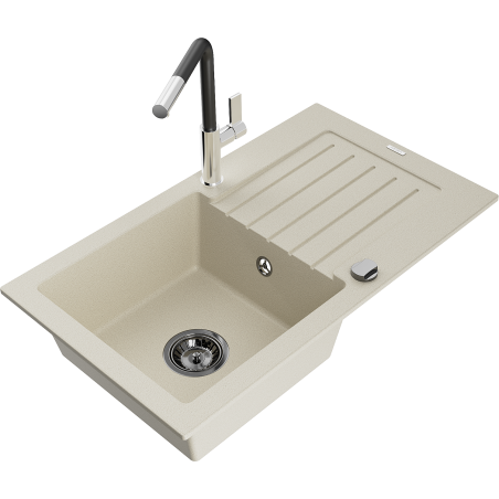 Mexen Pablo granite sink, single bowl with drainer and Flora kitchen tap, beige - 6510-69-670401-07-B