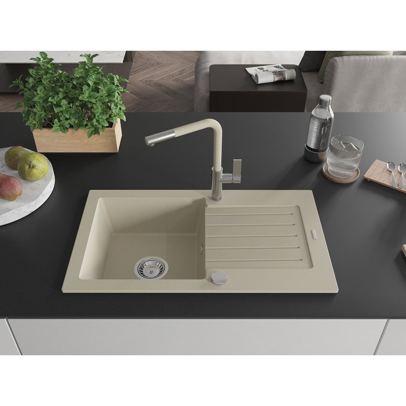 Mexen Pablo 1-bowl granite sink with drainer and Flora kitchen tap, beige - 6510-69-670401-09