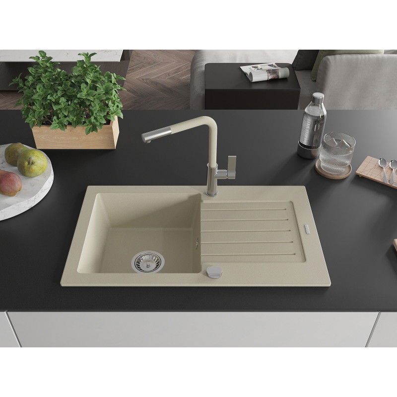 Mexen Pablo fregadero de granito de 1 seno con escurridor y grifo de cocina Flora, beige - 6510-69-670401-09