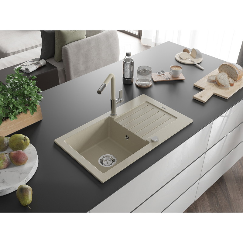 Mexen Pablo fregadero de granito de 1 seno con escurridor y grifo de cocina Flora, beige - 6510-69-670401-09