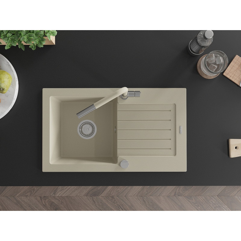 Mexen Pablo granitentoestel 1-compartiment met afdruipplaat en keukenmengkraan Flora, beige - 6510-69-670401-09