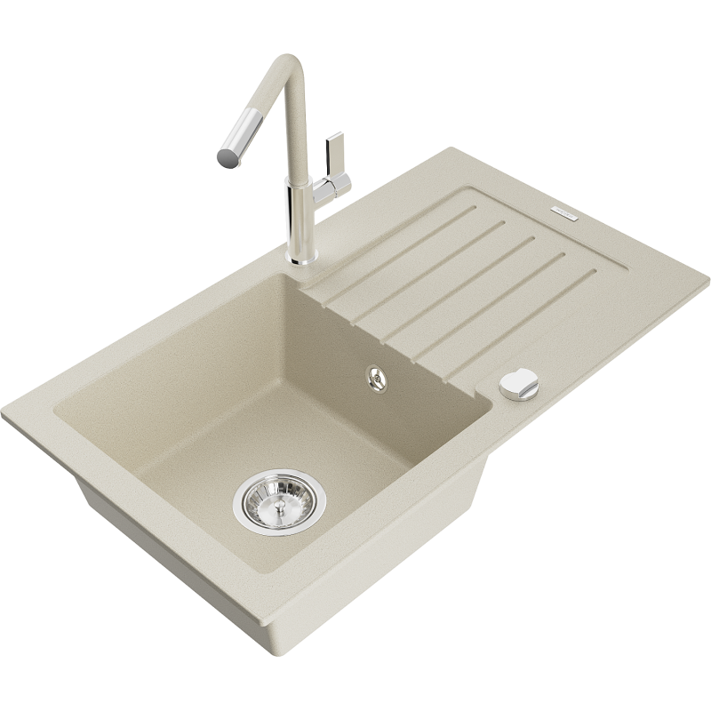 Mexen Pablo 1-bowl granite sink with drainer and Flora kitchen tap, beige - 6510-69-670401-09