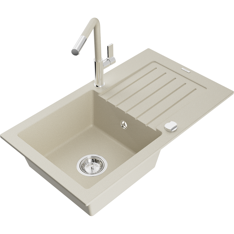 Mexen Pablo Granitspüle 1-Becken mit Abtropffläche und Küchenarmatur Flora, beige - 6510-69-670401-09
