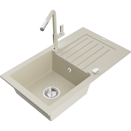 Mexen Pablo Granitspüle 1-Becken mit Abtropffläche und Küchenarmatur Flora, beige - 6510-69-670401-09