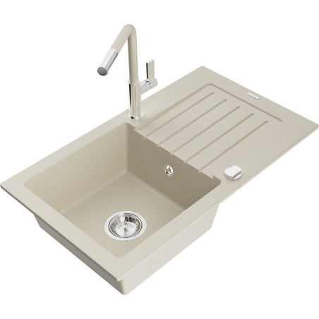 Mexen Pablo Granitspüle 1-Kammer mit Abtropffläche und Küchenarmatur Flora, beige - 6510-69-670401-09