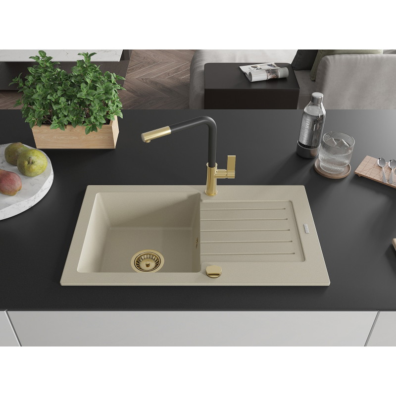 Mexen Pablo granitspüle 1-beckig mit abtropffläche und küchenarmatur Flora, beige - 6510-69-670401-57-G