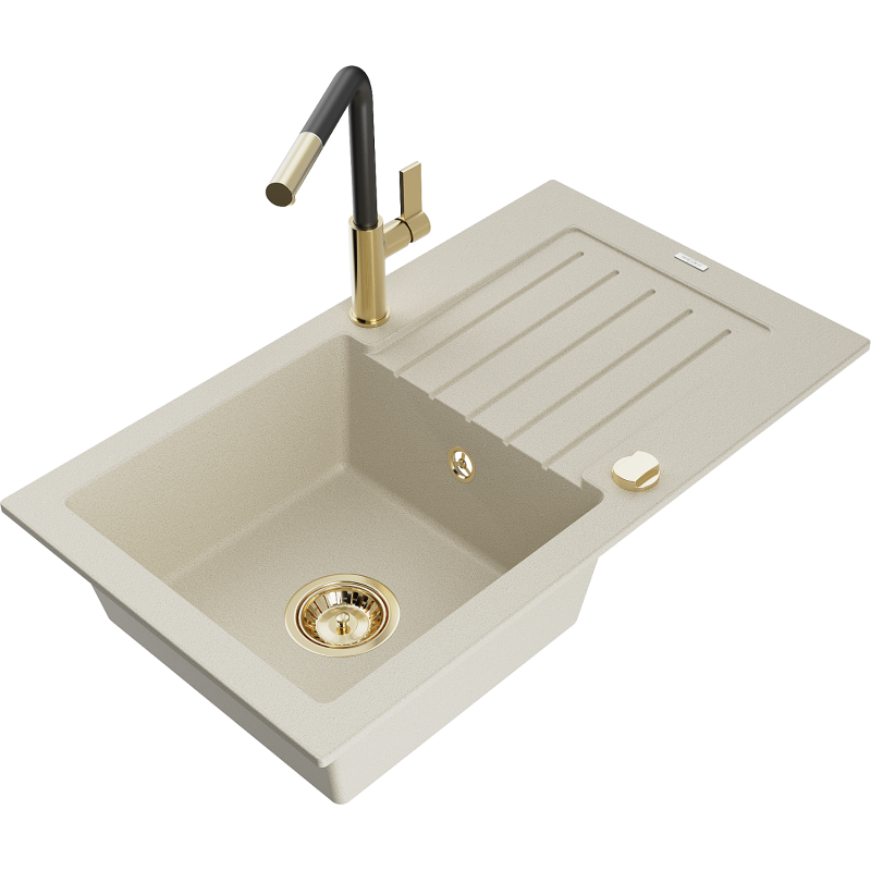 Mexen Pablo Granitspüle 1-Kammer mit Abtropffläche und Küchenarmatur Flora, beige - 6510-69-670401-57-G