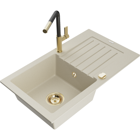 Mexen Pablo Granitspüle 1-Kammer mit Abtropffläche und Küchenarmatur Flora, beige - 6510-69-670401-57-G