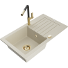 Mexen Pablo 1-bowl granite sink with drainer and Flora kitchen tap, beige - 6510-69-670401-57-G