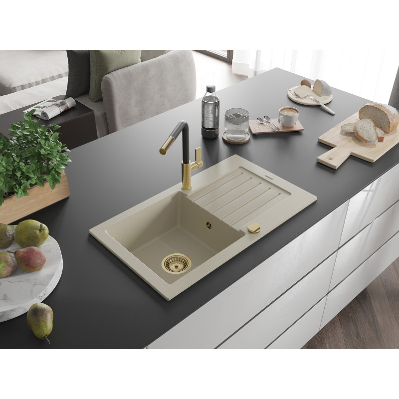 Mexen Pablo granitspüle 1-beckig mit abtropffläche und küchenarmatur Flora, beige - 6510-69-670401-57-G
