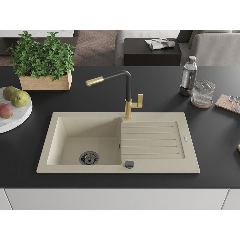 Mexen Pablo lavello in granito a 1 vasca con scolapiatti e rubinetto da cucina Flora, beige - 6510-69-670401-57-B