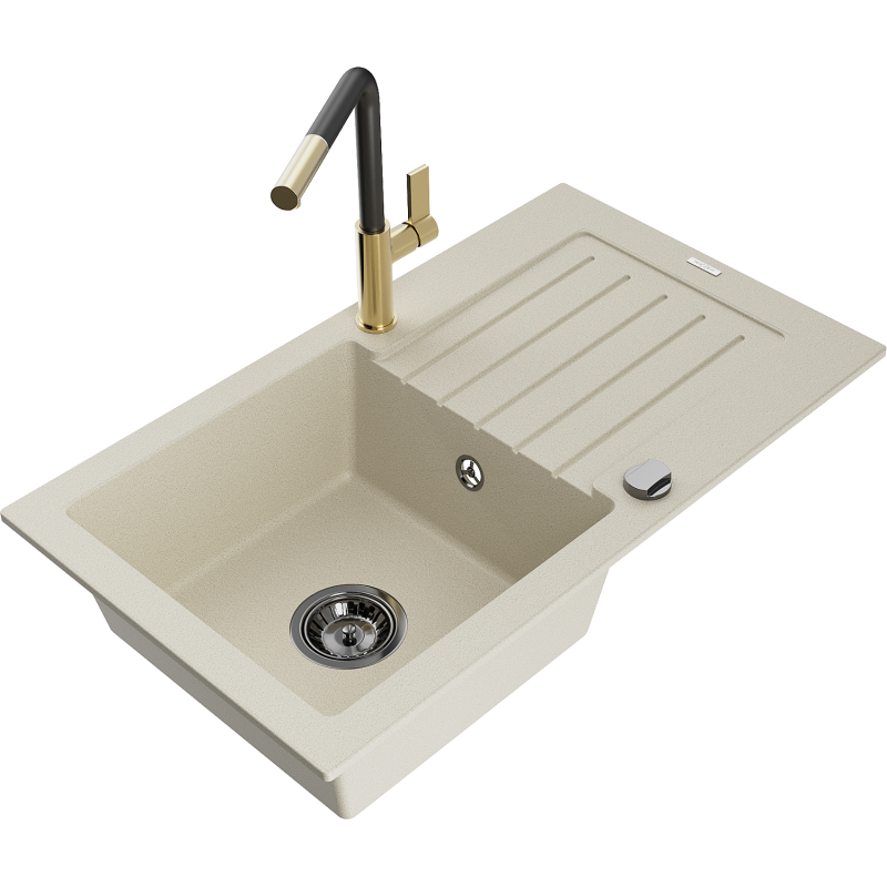 Mexen Pablo Granitspüle 1-Becken mit Abtropffläche und Küchenarmatur Flora, beige - 6510-69-670401-57-B