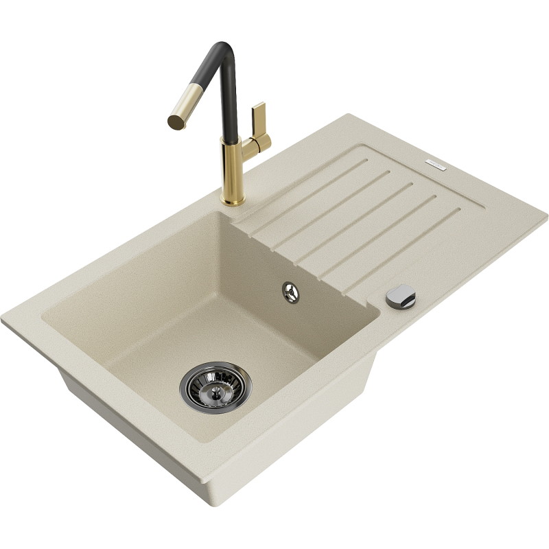 Mexen Pablo lavello in granito a 1 vasca con scolapiatti e rubinetto da cucina Flora, beige - 6510-69-670401-57-B