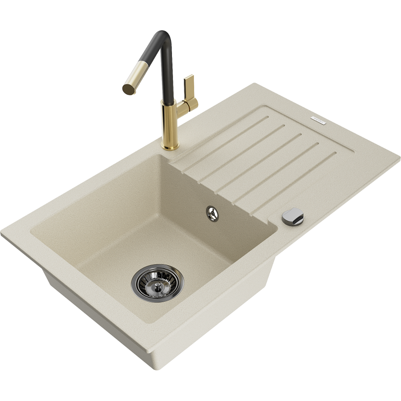 Mexen Pablo lavello in granito a 1 vasca con sgocciolatoio e miscelatore cucina Flora, beige - 6510-69-670401-57-B
