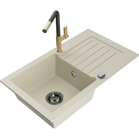 Mexen Pablo 1-bowl granite sink with drainer and Flora kitchen tap, beige - 6510-69-670401-57-B