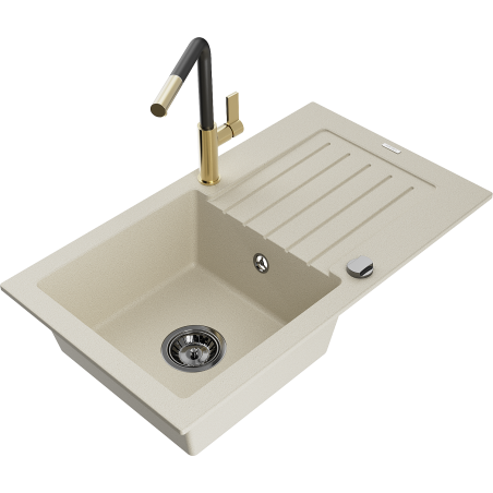 Mexen Pablo fregadero de granito de 1 cubeta con escurridor y grifo de cocina Flora, beige - 6510-69-670401-57-B