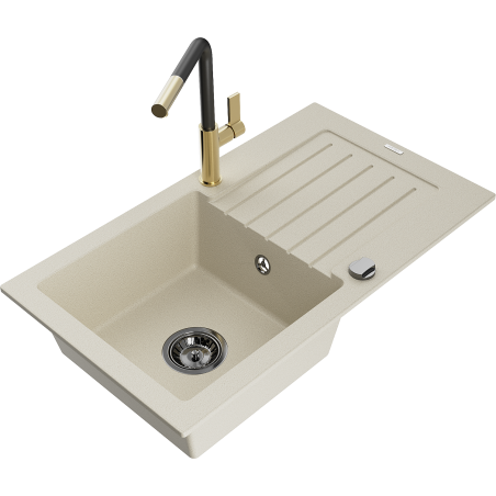 Mexen Pablo Granitspüle 1-Becken mit Abtropffläche und Küchenarmatur Flora, beige - 6510-69-670401-57-B
