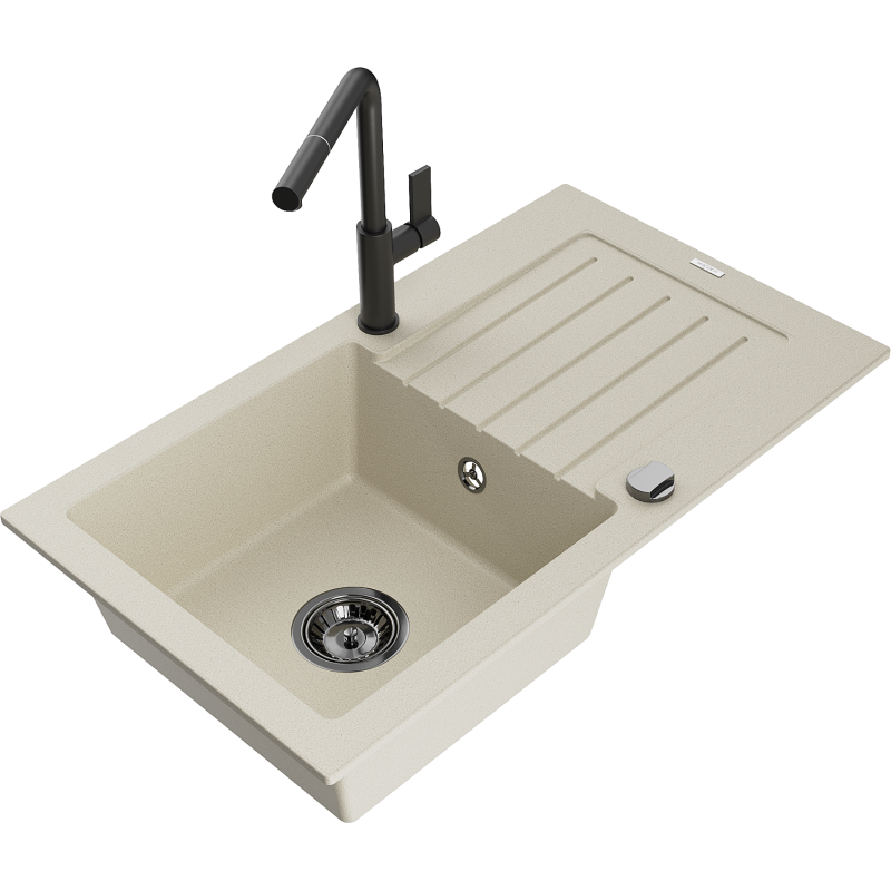 Mexen Pablo Granitspüle 1-beckig mit Abtropffläche und Küchenarmatur Flora, beige - 6510-69-670401-70-B