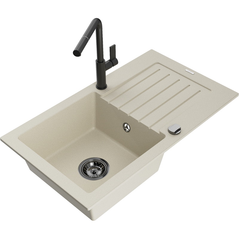 Mexen Pablo Lavello in granito a 1 vasca con scolapiatti e miscelatore da cucina Flora, beige - 6510-69-670401-70-B