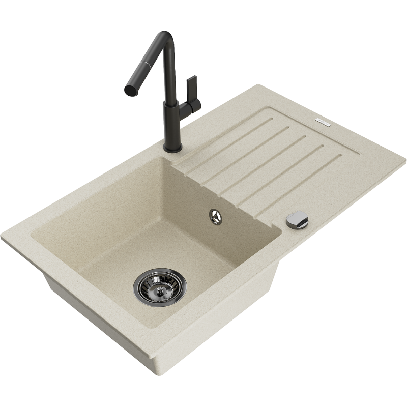 Mexen Pablo lavello in granito ad 1 vasca con scolapiatti e rubinetto da cucina Flora, beige - 6510-69-670401-70-B