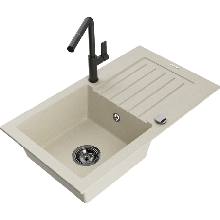 Mexen Pablo fregadero de granito de 1 seno con escurridor y grifo de cocina Flora, beige - 6510-69-670401-70-B