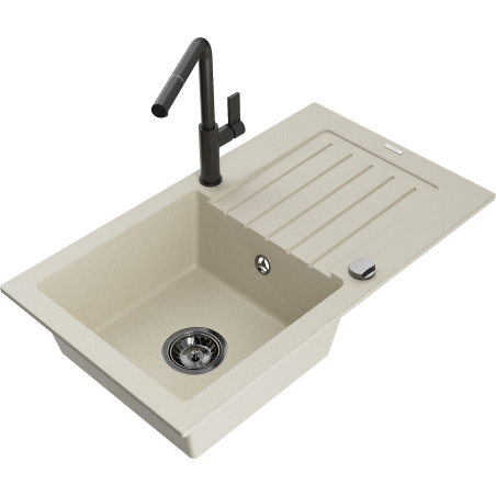 Mexen Pablo Granitspüle 1-beckig mit Abtropffläche und Küchenarmatur Flora, beige - 6510-69-670401-70-B