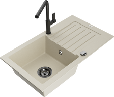 Mexen Pablo granite kitchen sink 1-bowl with drainer and kitchen tap Flora, beige - 6510-69-670401-70-B