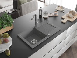Mexen Pablo évier en granit 1 bac avec égouttoir et robinet de cuisine Flora, gris - 6510-71-670401-00