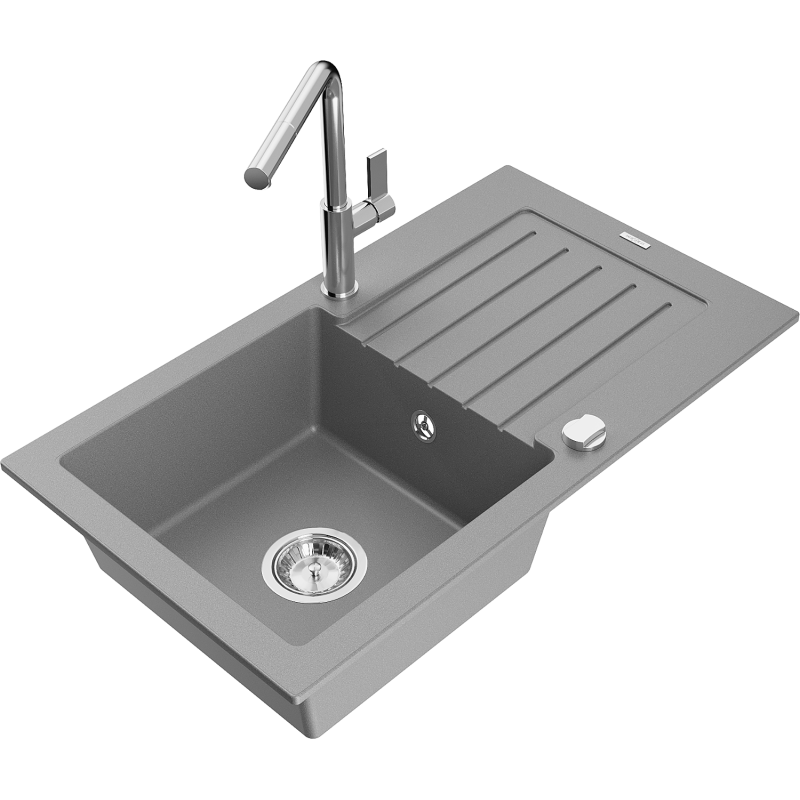 Mexen Pablo 1-bowl granite sink with drainer and Flora kitchen tap, grey - 6510-71-670401-00
