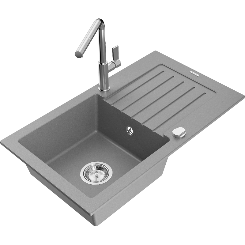 Mexen Pablo évier en granit 1 bac avec égouttoir et robinet de cuisine Flora, gris - 6510-71-670401-00