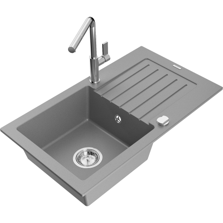 Mexen Pablo 1-bowl granite sink with drainer and Flora kitchen tap, grey - 6510-71-670401-00