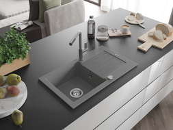 Mexen Pablo Granitspüle 1-Becken mit Abtropffläche und Küchenarmatur Flora, grau - 6510-71-670401-06