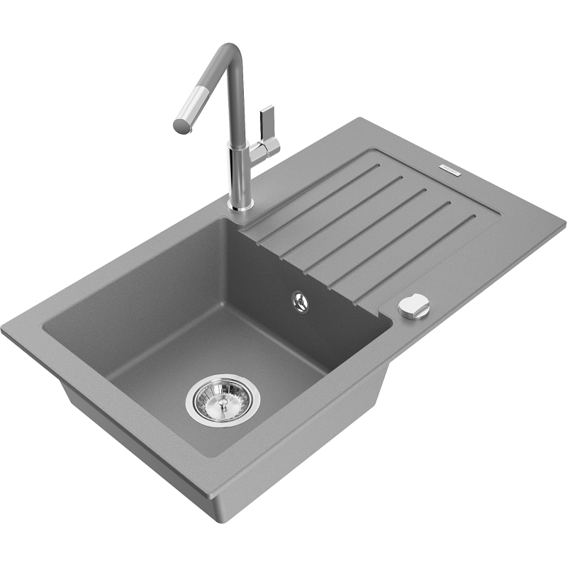 Mexen Pablo lava-loiça de granito de uma bacia com escorredor e torneira de cozinha Flora, cinza - 6510-71-670401-06