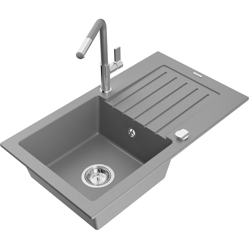 Mexen Pablo single-bowl granite sink with drainer and Flora kitchen tap, grey - 6510-71-670401-06