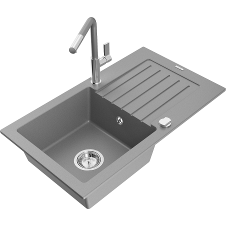 Mexen Pablo Granitspüle 1-Becken mit Abtropffläche und Küchenarmatur Flora, grau - 6510-71-670401-06