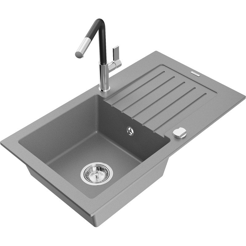 Mexen Pablo évier en granit 1 cuve avec égouttoir et robinet de cuisine Flora, gris - 6510-71-670401-07