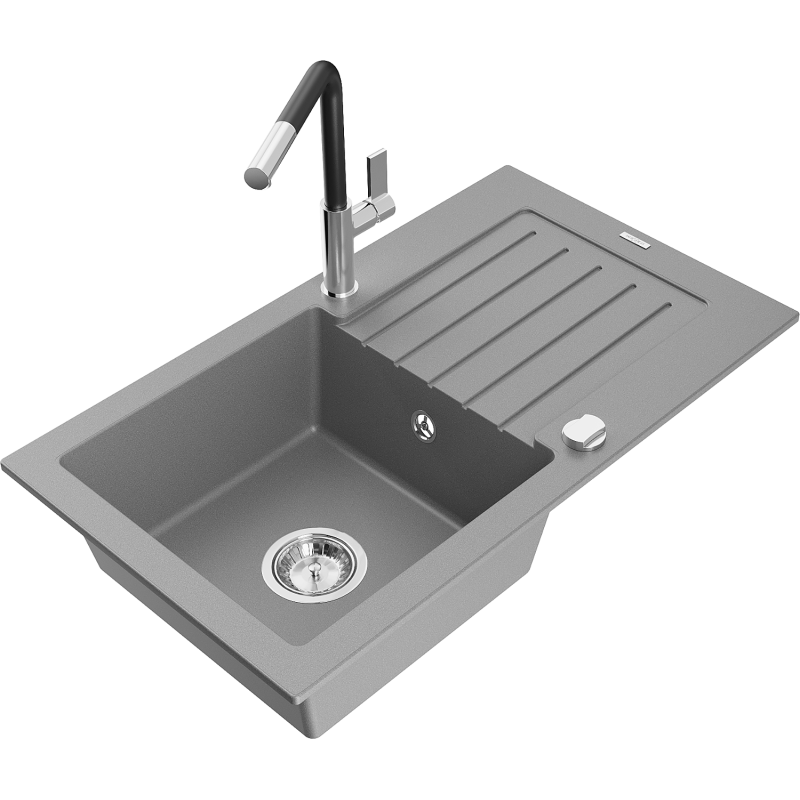 Mexen Pablo fregadero de granito de 1 cubeta con escurridor y grifo de cocina Flora, gris - 6510-71-670401-07