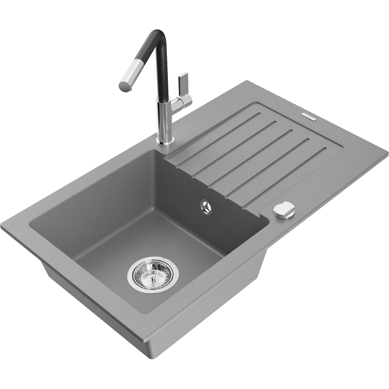 Mexen Pablo granite sink 1-bowl with drainer and Flora kitchen tap, grey - 6510-71-670401-07
