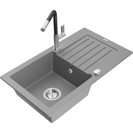 Mexen Pablo fregadero de granito de 1 cubeta con escurridor y grifo de cocina Flora, gris - 6510-71-670401-07